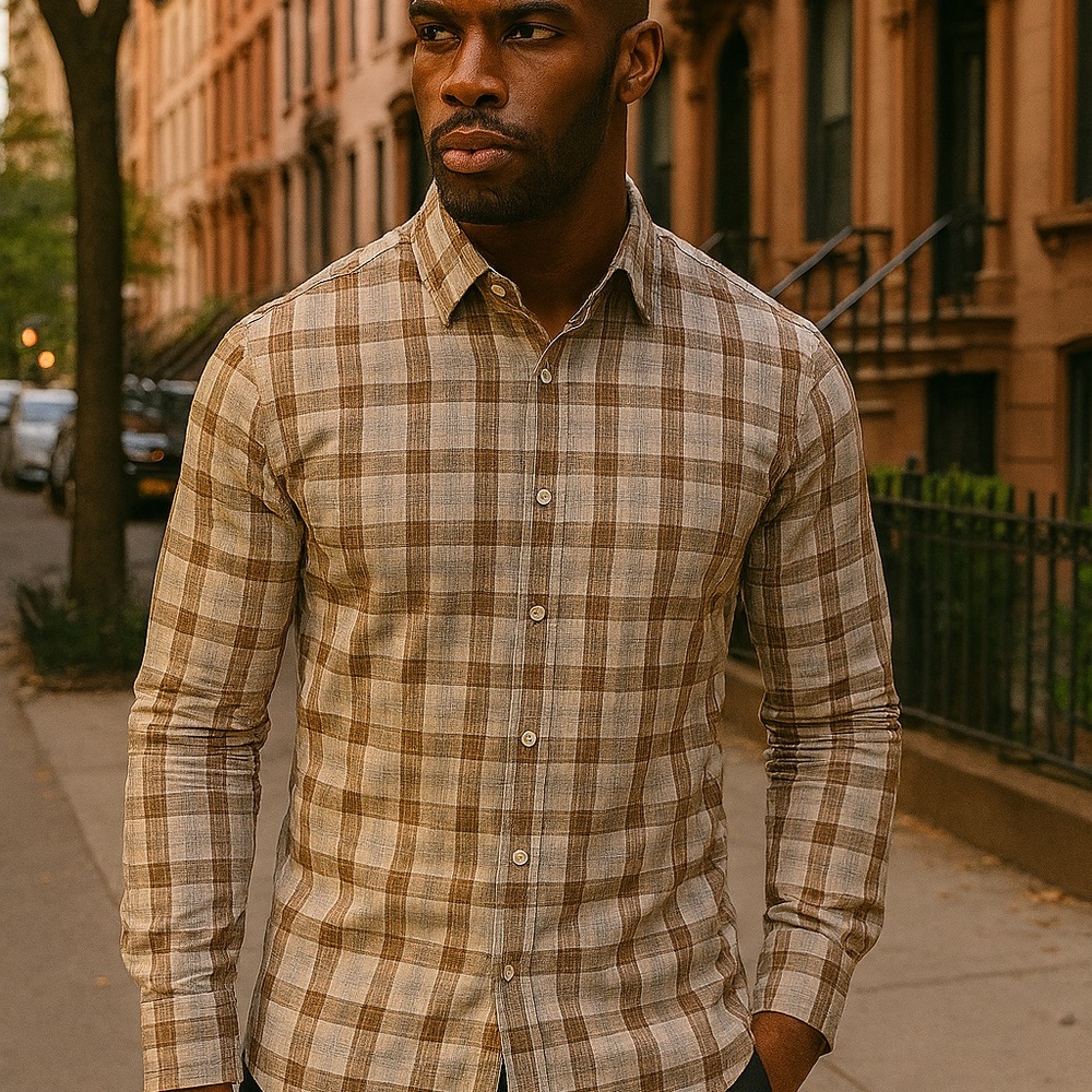 Banana Republic Men's Tan Plaid Button Down Shirt (Brown/White)
